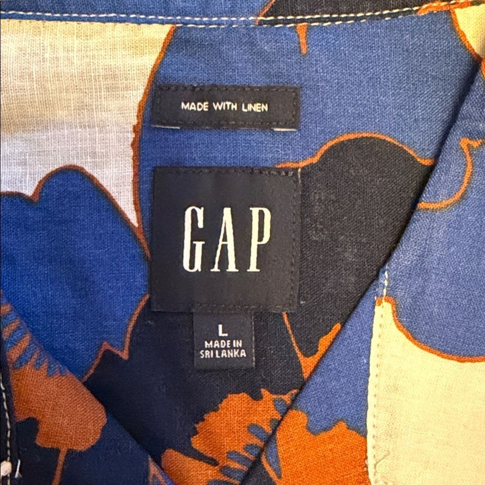 Gap Linen Blend Short Sleeve Button Down Shirt Men's L Blue Orange Floral Vacati - Picture 7 of 12